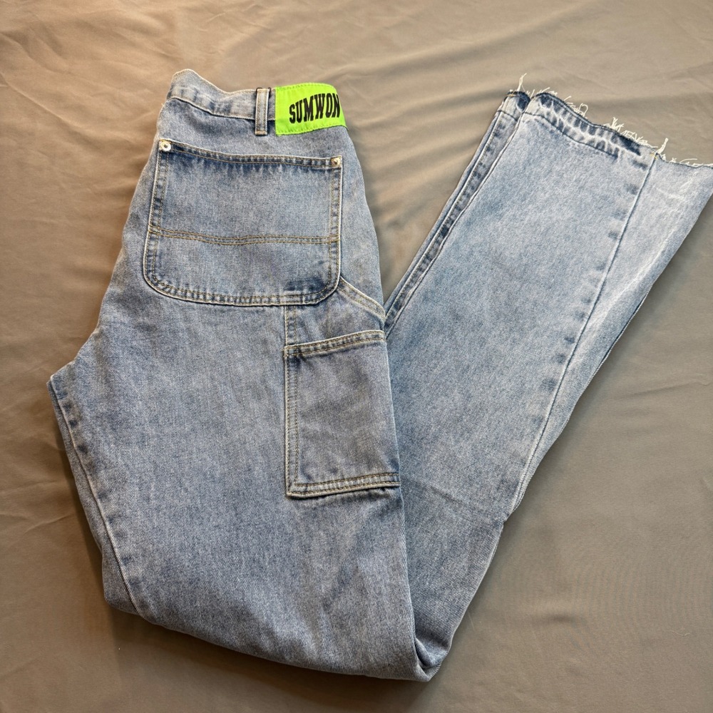 Sumwon Womens Carpenter Jeans Light Wash Straight Leg Raw Hem Neon Patch Utility